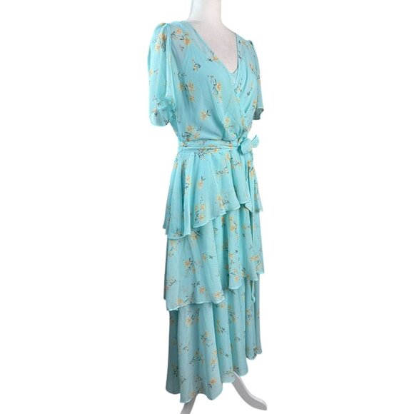 Calvin Klein Tiered Chiffon Midi Dress in Aqua Floral Boho Feminine Women's 12 - Picture 4 of 10